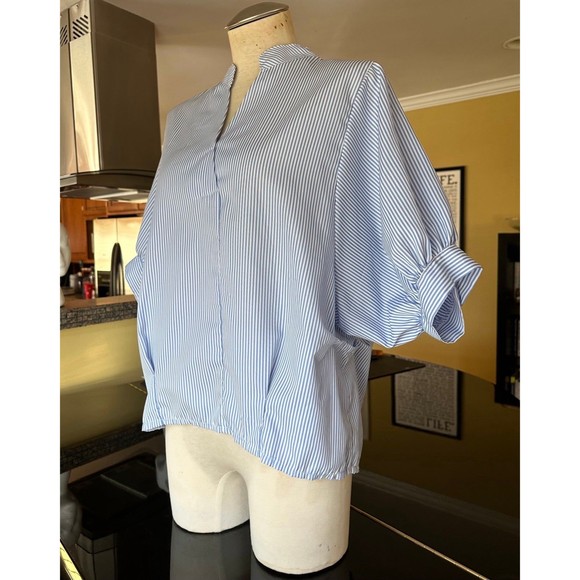 Blue & White Stripe Puff Sleeve Button Down Back Notch Collar Blouse - Picture 6 of 12
